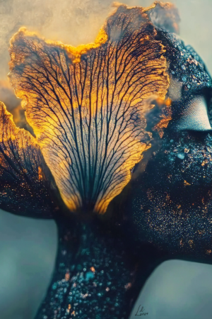 These double exposure digital images blend human figures with nature and cosmic elements, creating a surreal visual that explores themes of transformation, unity, and spiritual awakening. The fusion of organic motifs like flowers with human faces symbolizes a deep connection to nature, while the glowing gold tones and starry backgrounds evoke cosmic energy. The contrast of light and shadow adds depth, representing the duality of the physical and metaphysical. The intricate patterns and textures suggest ancestral wisdom, inviting viewers to reflect on the interconnectedness of self, nature, and the universe.