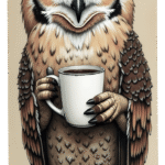 Whimsical owl art print holding coffee cup