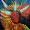 Vegigante de Visita – a bold Puerto Rican-inspired painting of a vejigante mask bursting with vibrant reds, yellows, and greens. The folkloric figure with long white horns appears alive against a shimmering city skyline, celebrating Afro-Caribbean tradition, resilience, and cultural pride.